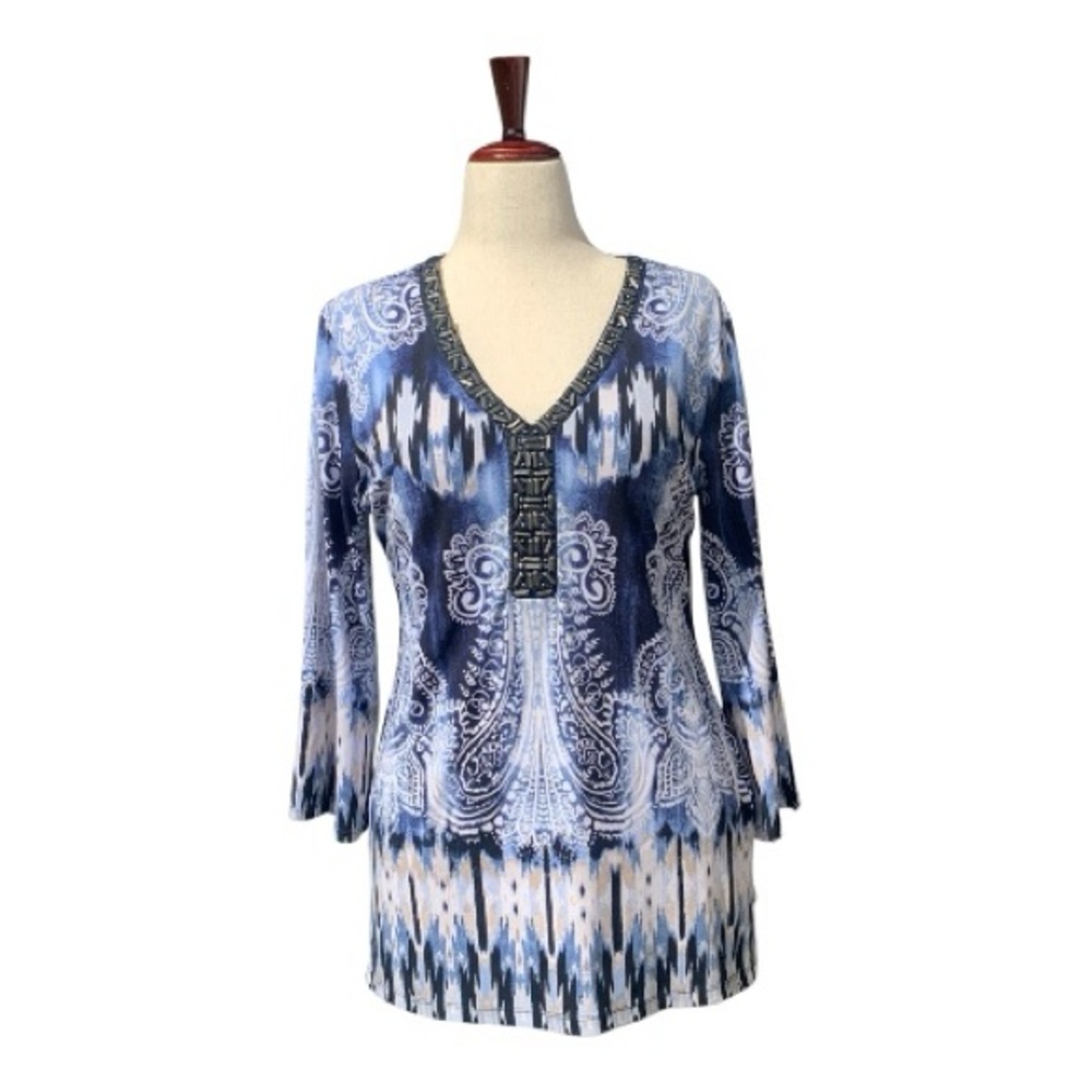 JM Collection Resort V-Neck Embellishments Shirt Top Pull Over Cruise Size Med